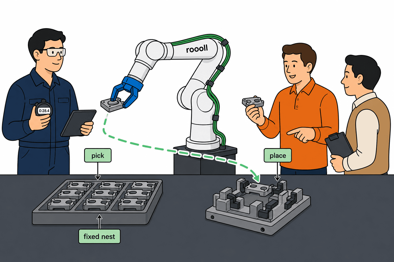 Roooll cobot pick and place guide: collaborative robotic arm transferring a part from a fixed nest to a place fixture with cycle-time callouts