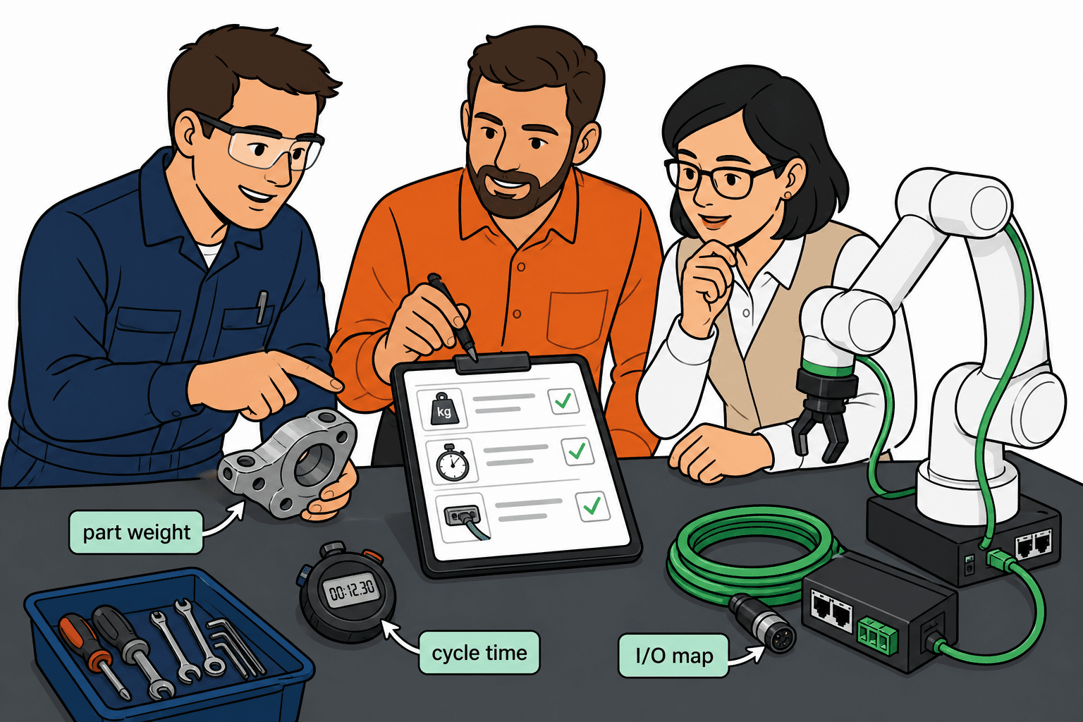 Roooll cobot RFQ checklist guide: engineers reviewing part weight, cycle time, and I/O map before quoting a collaborative robotic arm