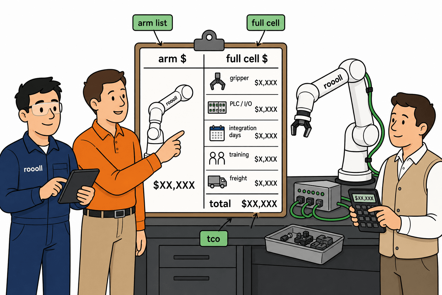 Roooll cobot cost guide: engineers comparing arm list price versus full-cell TCO for a collaborative robotic arm workcell