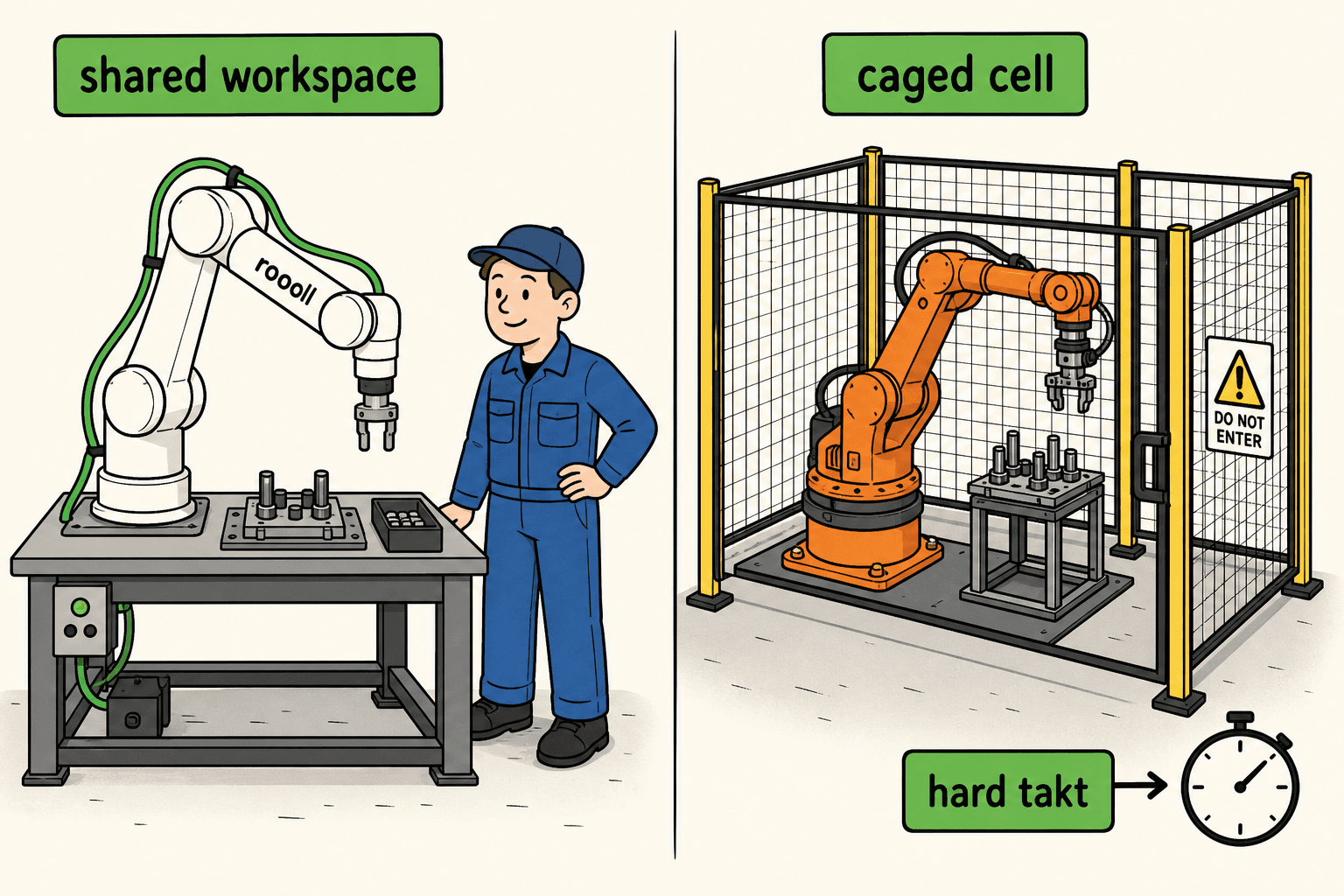 Roooll cobot vs industrial robot arm guide: shared workspace vs caged cell when choosing collaborative or traditional automation