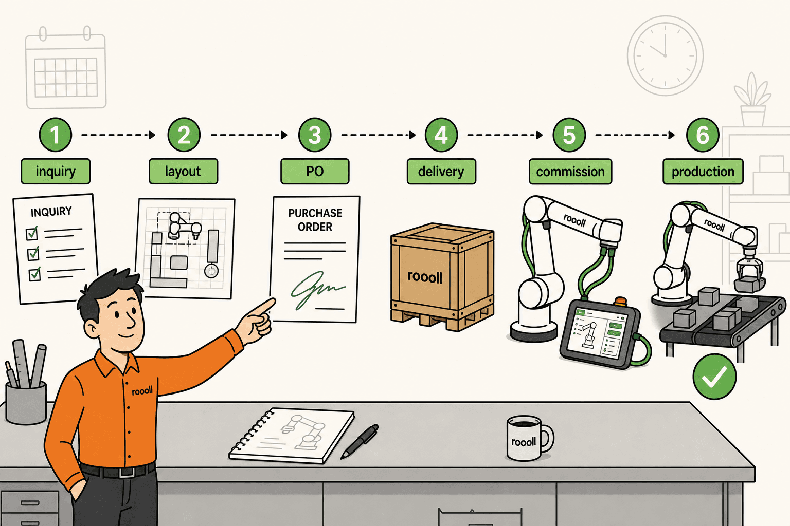 Roooll cobot integration timeline guide: from inquiry and quote to commissioning and production for collaborative robotic arms