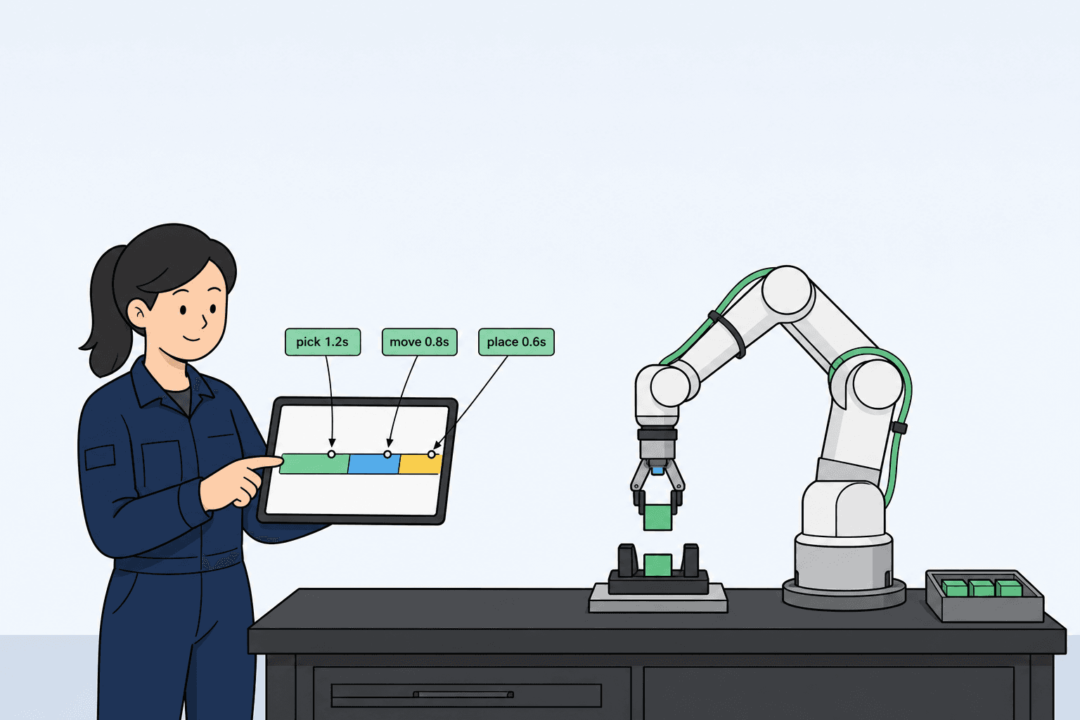 Roooll cobot cycle time guide: sum pick, move, place, EOAT, and waits—then compare loop seconds to line takt with safety factor