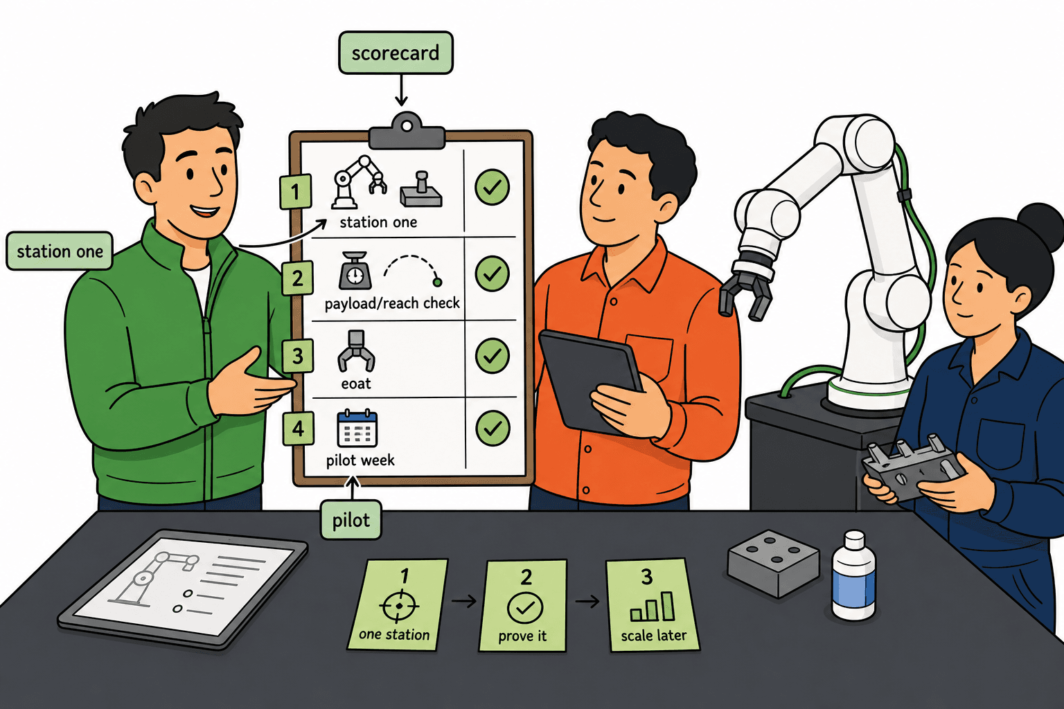 Roooll first cobot for small manufacturers guide: team reviewing a station-one scorecard beside a collaborative robotic arm