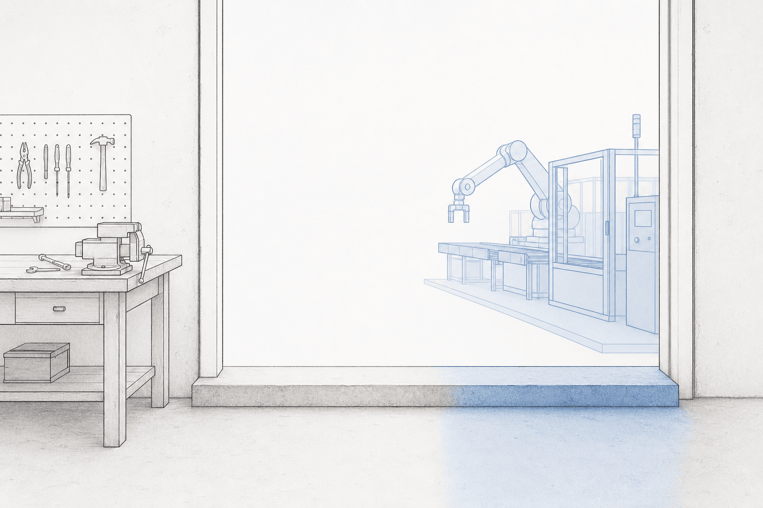 Editorial illustration for Roooll Insights perspective on why small and mid-sized manufacturers hesitate to adopt collaborative robot automation