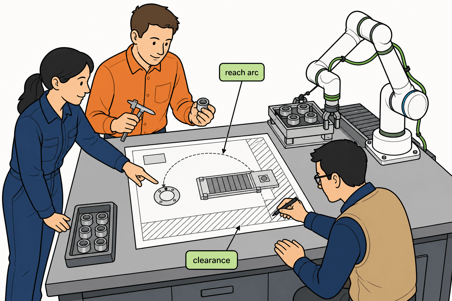 Roooll cobot workcell layout guide: fix base placement, clearance, cable dress, and human paths on one top-view sketch