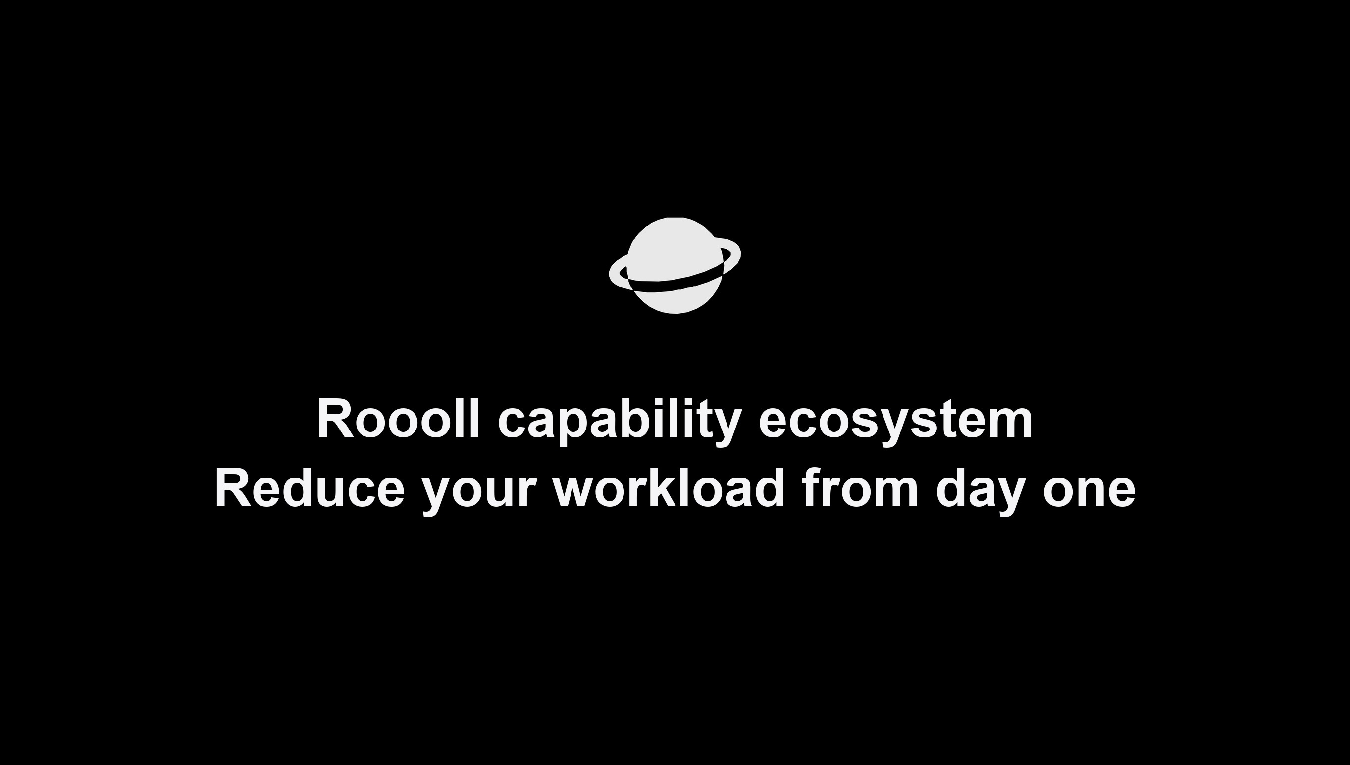 Roooll capability ecosystem overview card: black screen with Roooll mark and titles for the full cobot capability workflow.