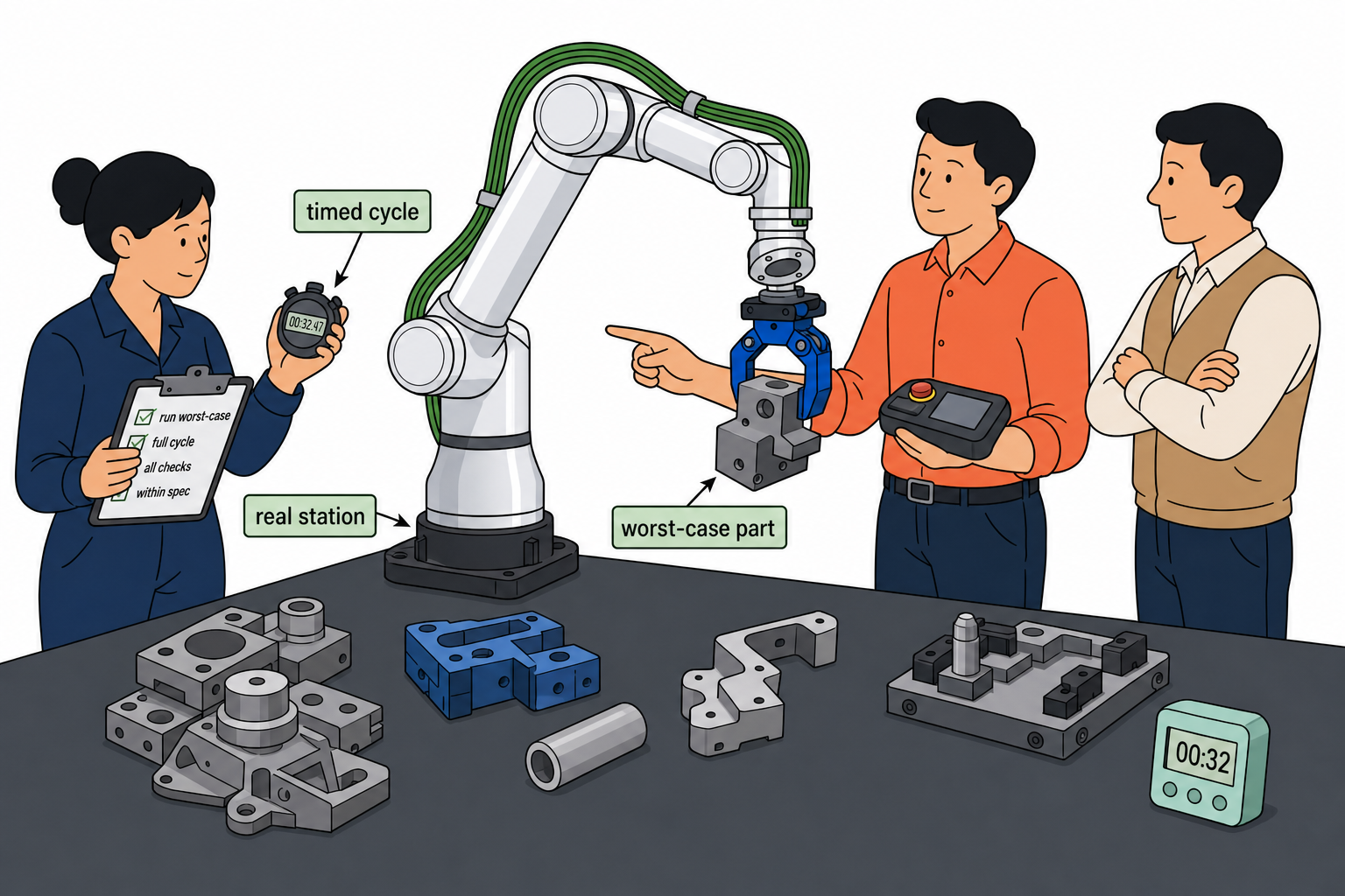 Roooll cobot demo day guide illustration: validating takt with worst-case parts and a stopwatch instead of empty-air demos