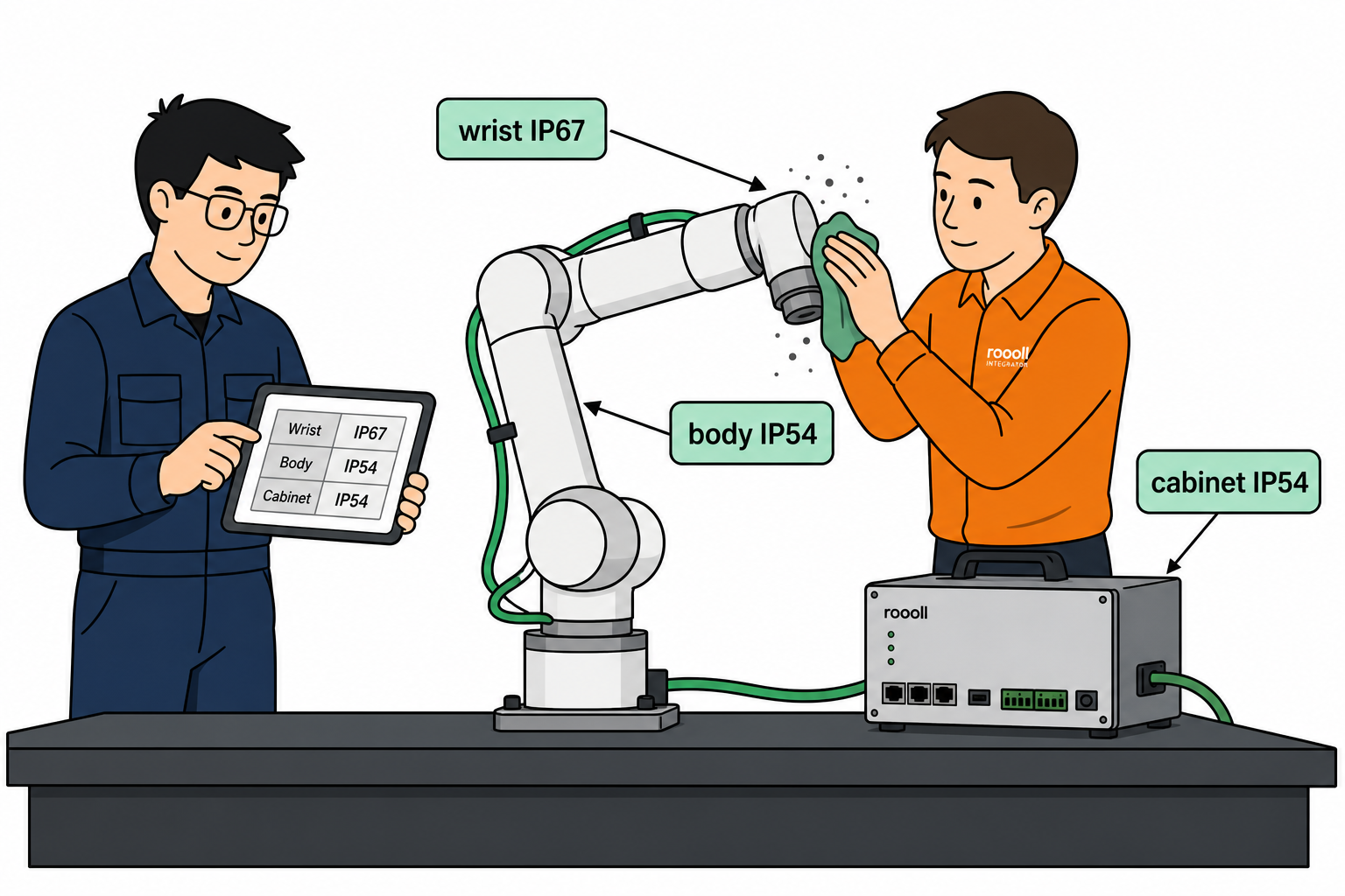 Roooll 协作机器人防护等级指南:腕部 IP67、本体 IP54 与电柜防护对照粉尘车间的选型插画