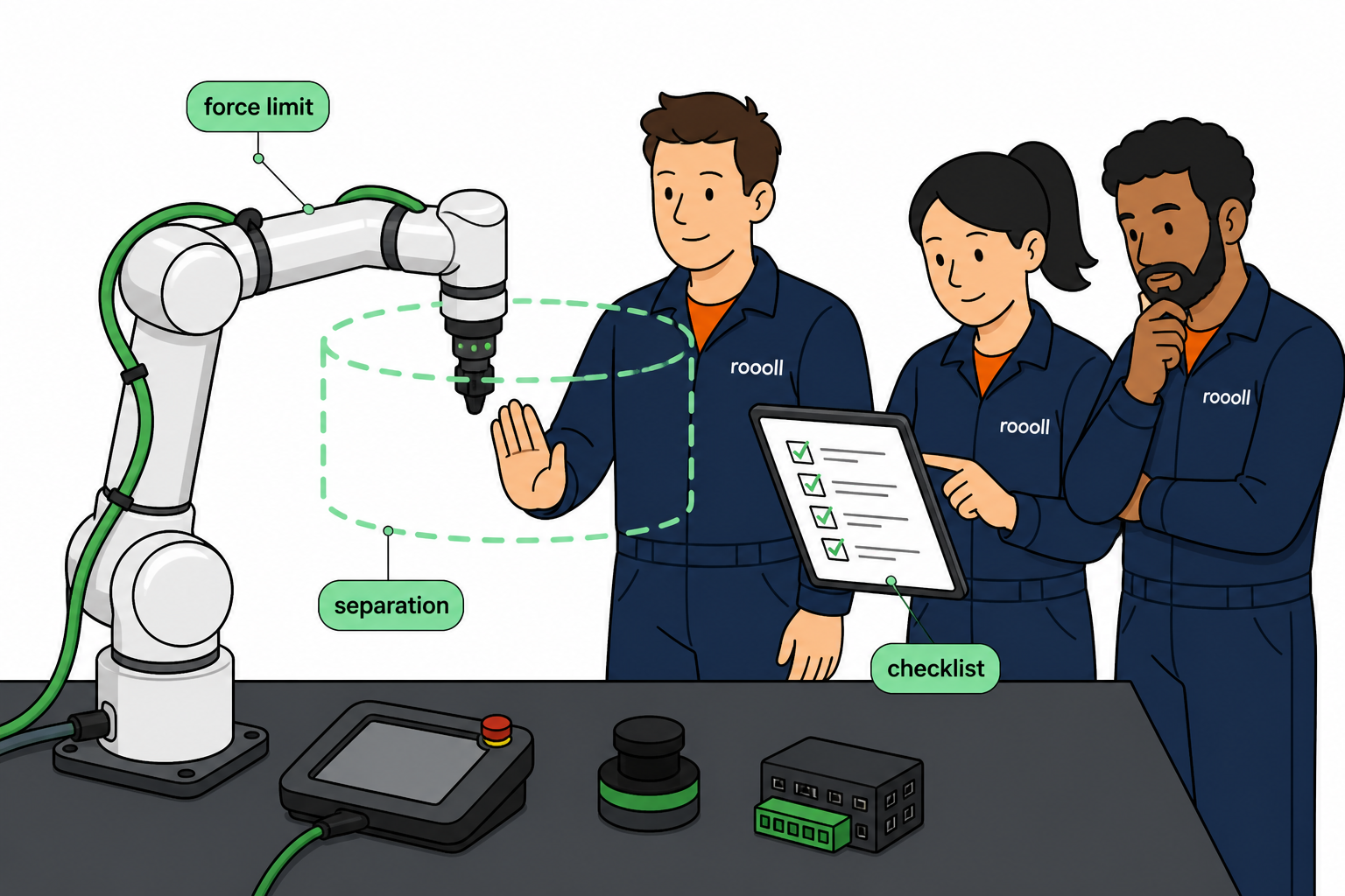 Roooll r-Core collaborative robot (standard), 5kg payload, ±0.02mm repeatability, 922mm reach; precision assembly and QC.