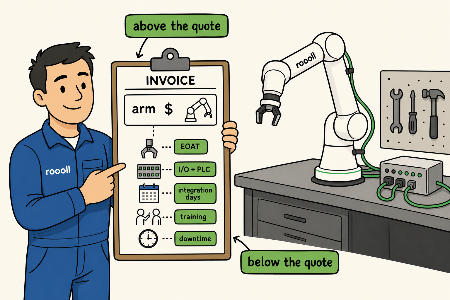 Roooll cobot ROI guide: estimate collaborative robotic arm return on investment and hidden costs before purchase