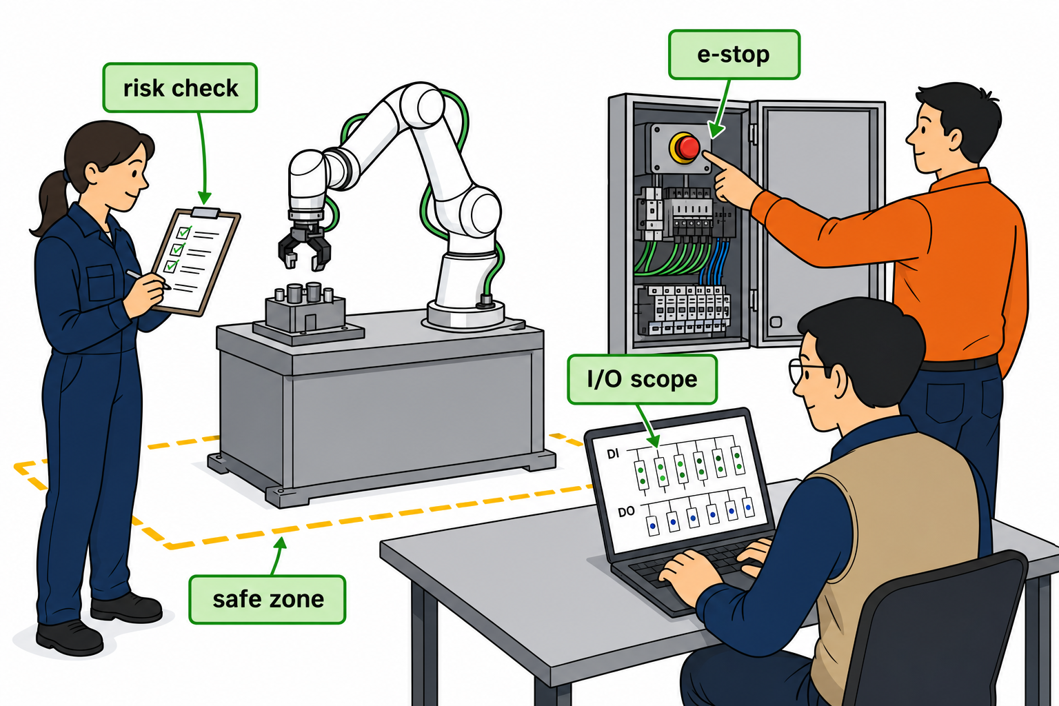 Roooll safety and I/O scope guide: define collaborative robot safe zone, e-stop, and I/O before purchase