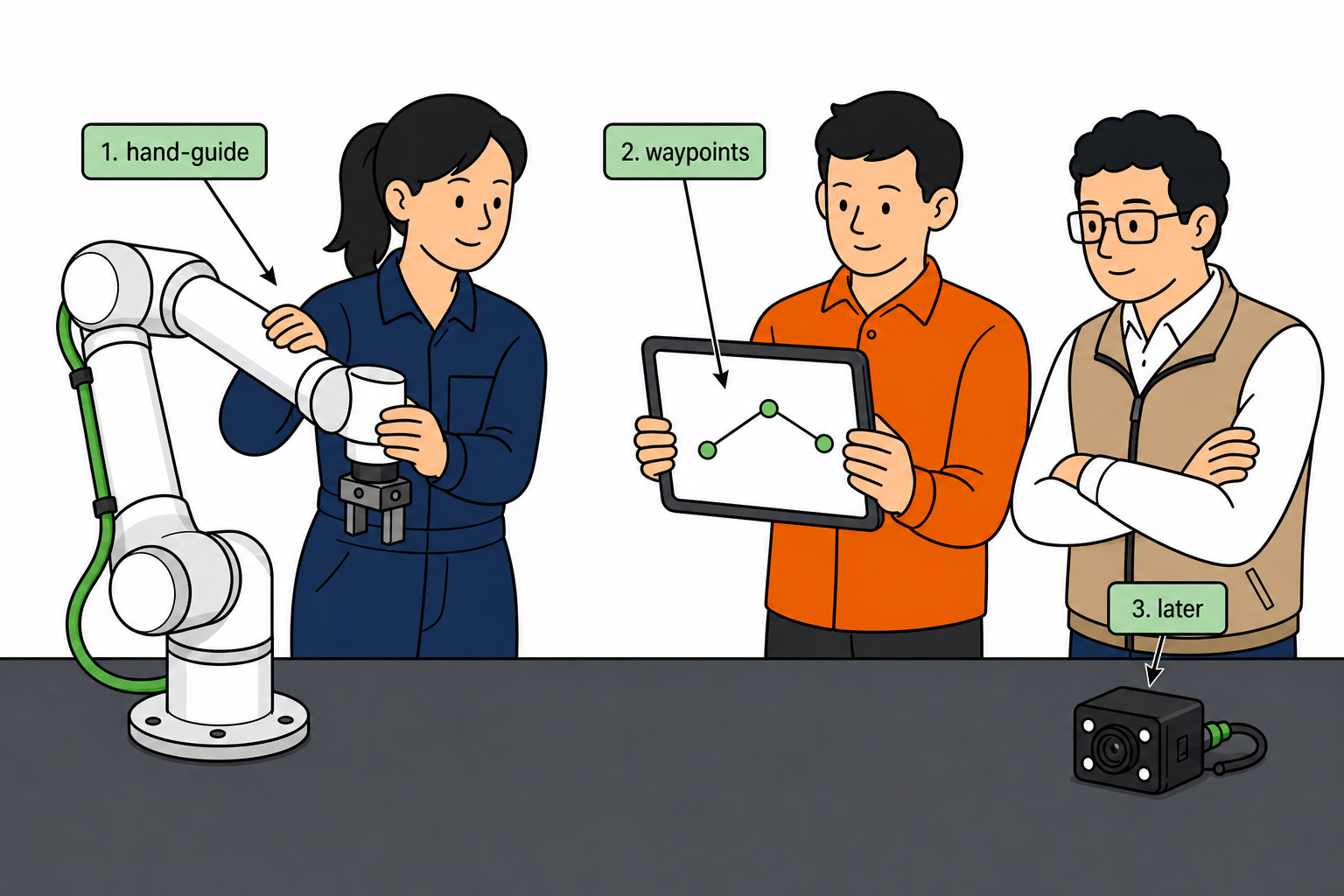 Roooll cobot teach guide: operators hand-guiding a collaborative robotic arm while waypoints show on a tablet, vision camera marked for later