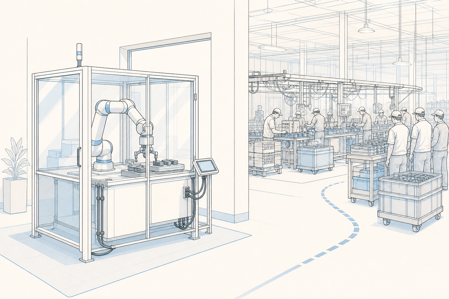 Editorial illustration for Roooll Insights perspective on why factories often automate the visible showcase station before the real bottleneck