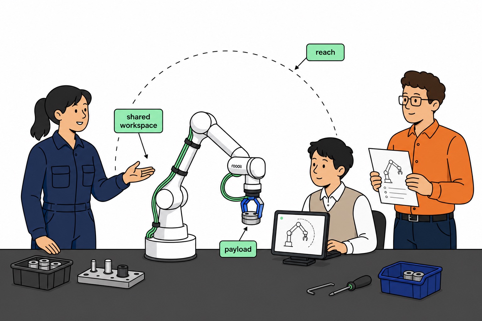 Roooll what-is-cobot guide: collaborative robotic arm shared workspace with payload, reach, and EOAT callouts for buyers